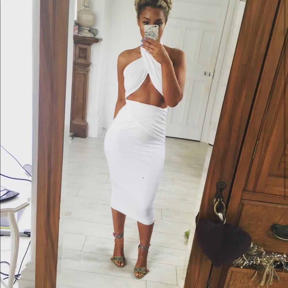 Multiway wrap dress in white and one in nude.